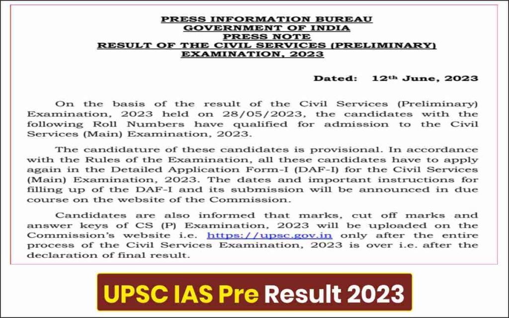 UPSC IAS Pre Result 2023